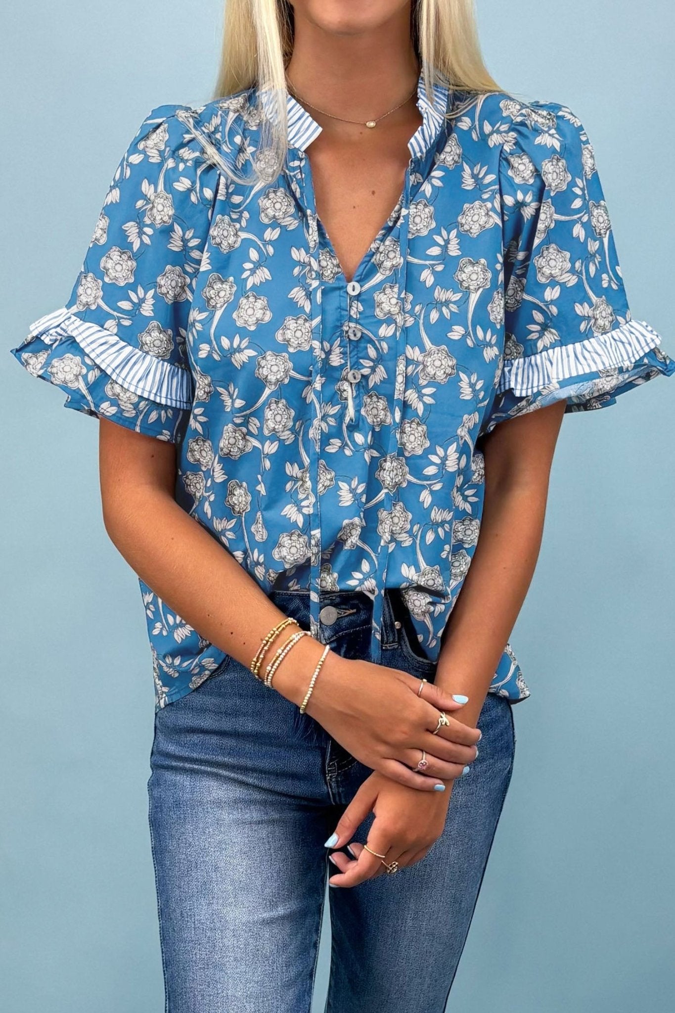 Floral Stripe Trim Tie-Neck Short Sleeve Blouse - Rooted & Reckless Co.