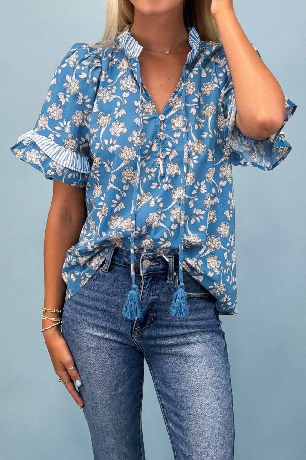 Floral Stripe Trim Tie-Neck Short Sleeve Blouse - Rooted & Reckless Co.