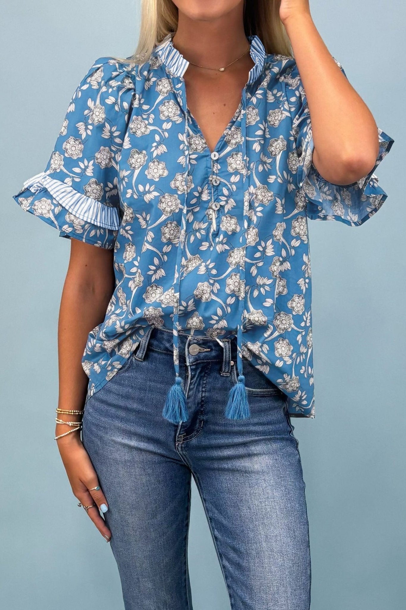 Floral Stripe Trim Tie-Neck Short Sleeve Blouse - Rooted & Reckless Co.