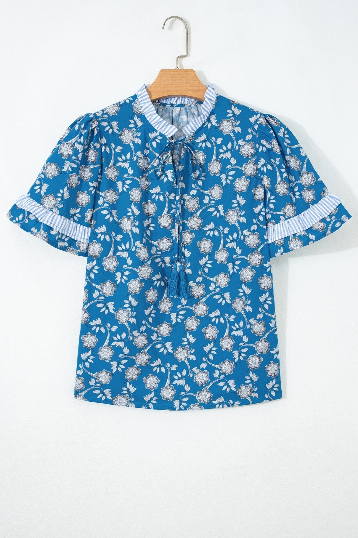 Floral Stripe Trim Tie-Neck Short Sleeve Blouse - Rooted & Reckless Co.