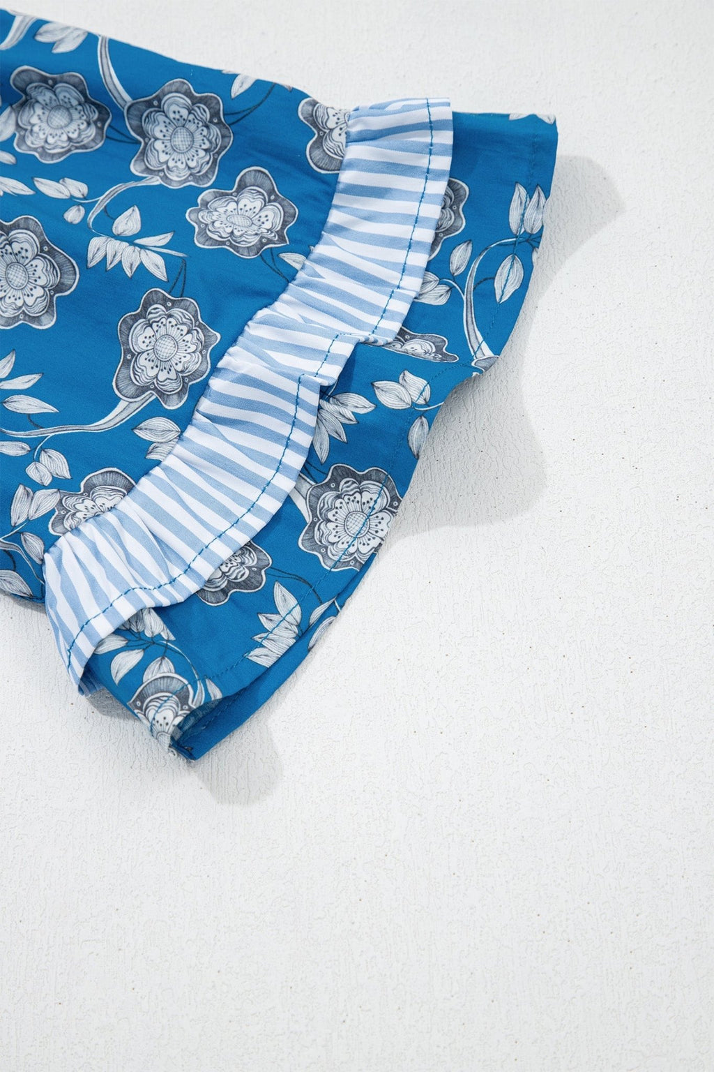 Floral Stripe Trim Tie-Neck Short Sleeve Blouse - Rooted & Reckless Co.