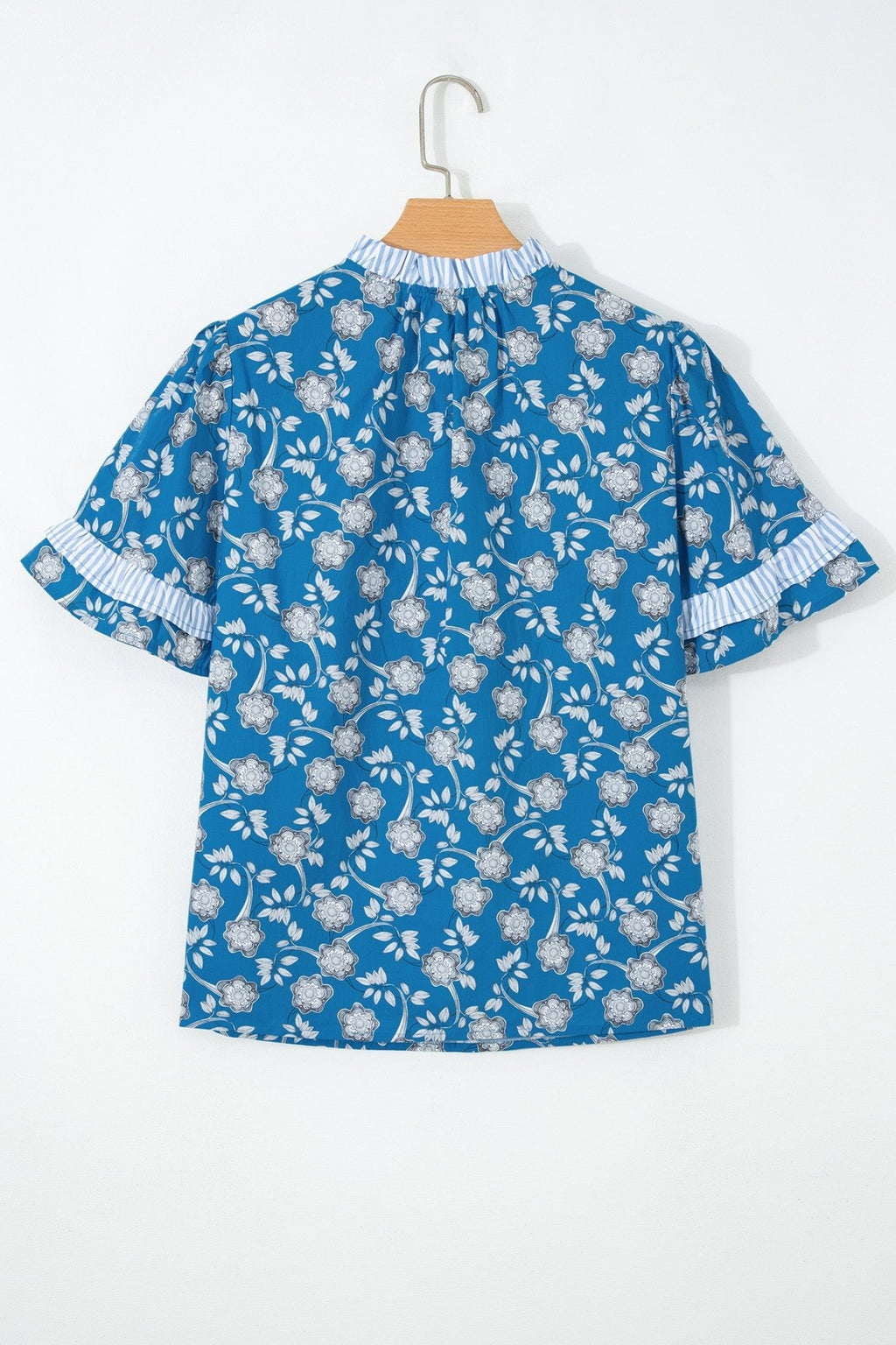 Floral Stripe Trim Tie-Neck Short Sleeve Blouse - Rooted & Reckless Co.