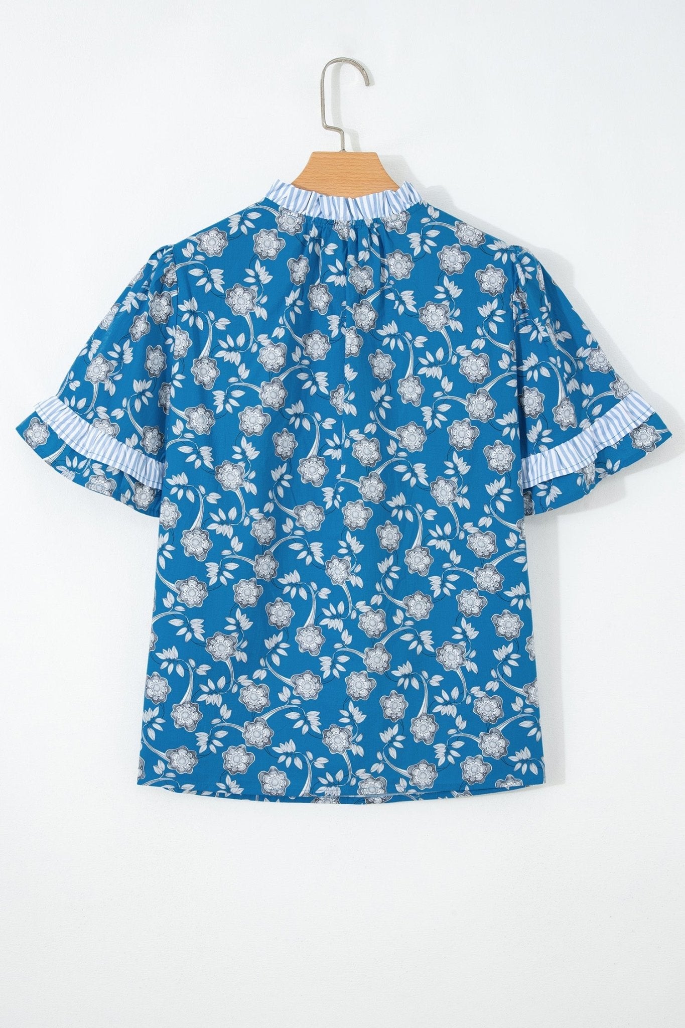 Floral Stripe Trim Tie-Neck Short Sleeve Blouse - Rooted & Reckless Co.