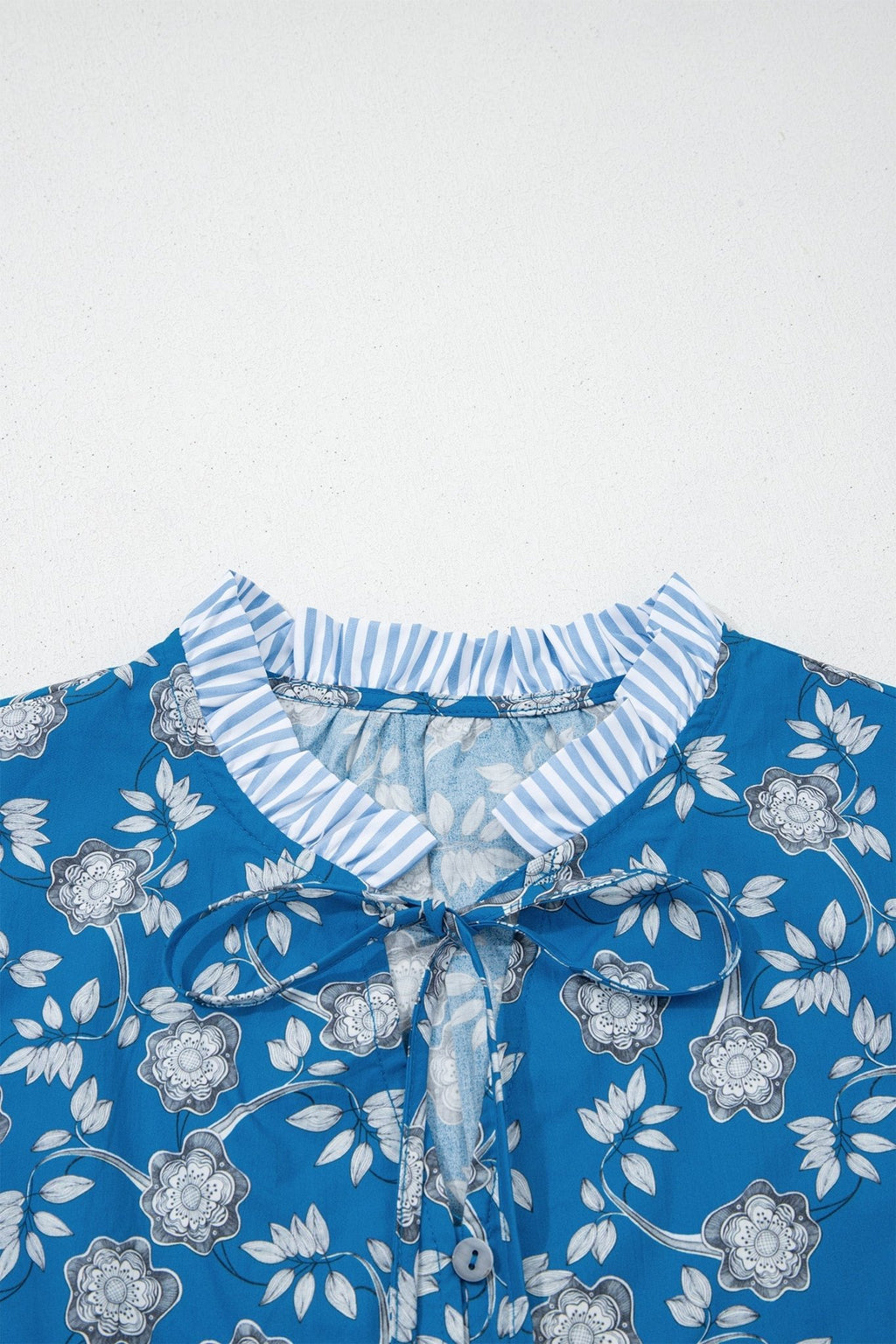 Floral Stripe Trim Tie-Neck Short Sleeve Blouse - Rooted & Reckless Co.