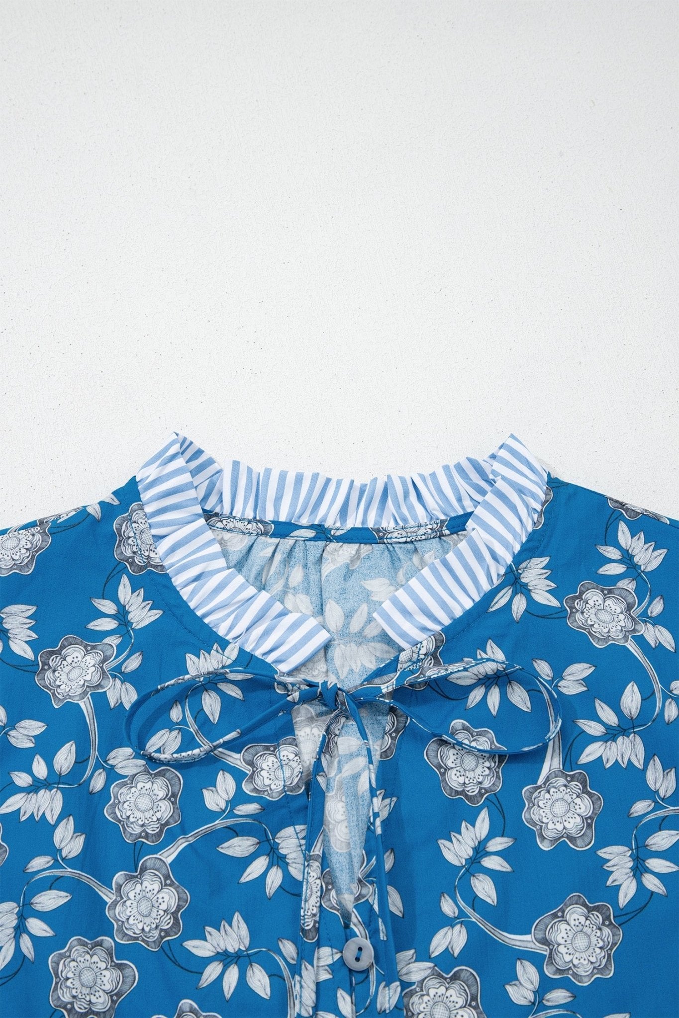 Floral Stripe Trim Tie-Neck Short Sleeve Blouse - Rooted & Reckless Co.