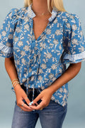 Floral Stripe Trim Tie-Neck Short Sleeve Blouse - Rooted & Reckless Co.