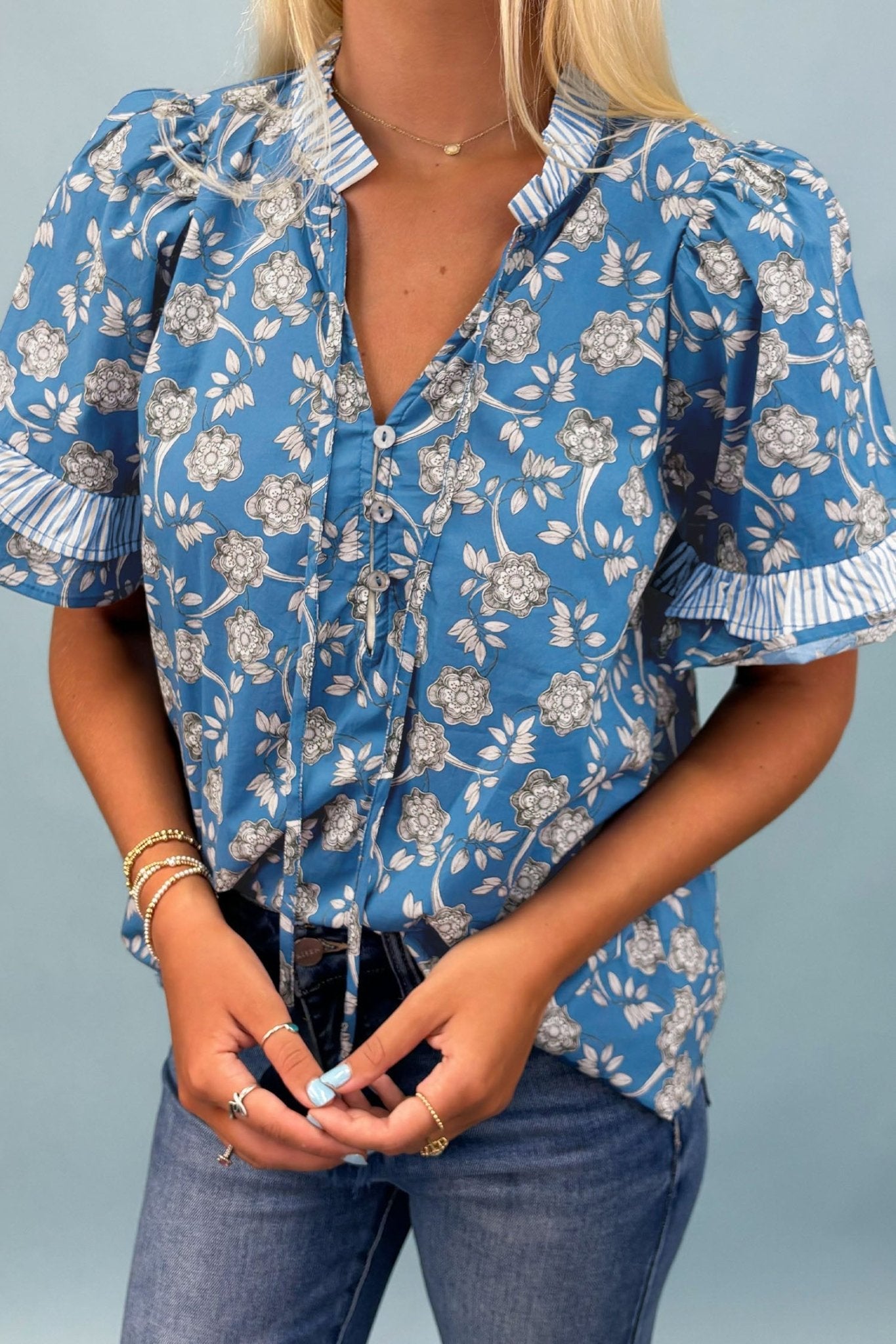 Floral Stripe Trim Tie-Neck Short Sleeve Blouse - Rooted & Reckless Co.