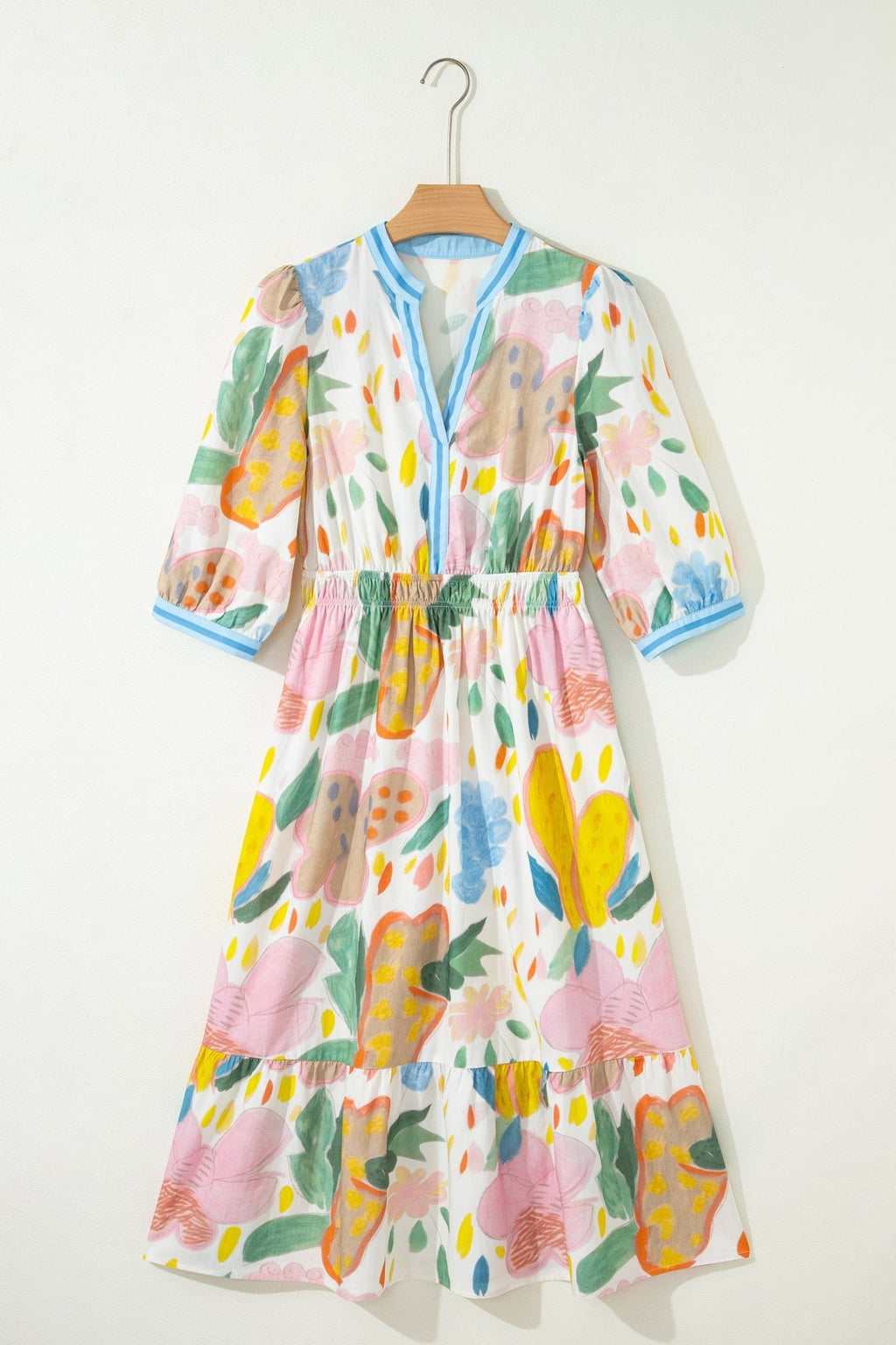 Floral Stripe Trim V-Neck Midi Dress - Rooted & Reckless Co.
