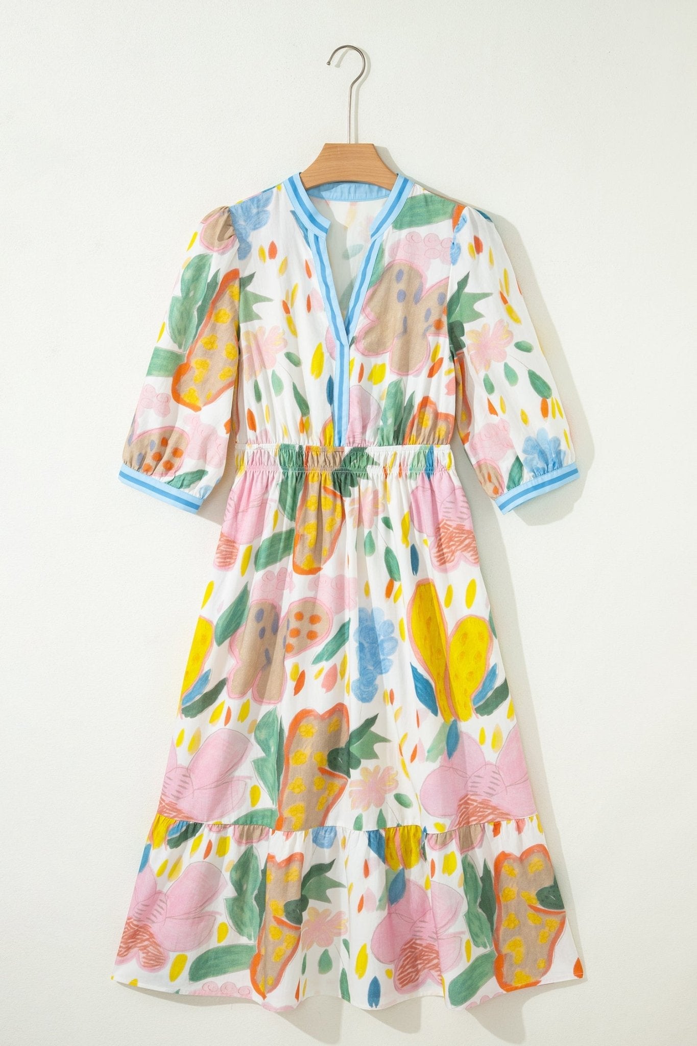 Floral Stripe Trim V-Neck Midi Dress - Rooted & Reckless Co.