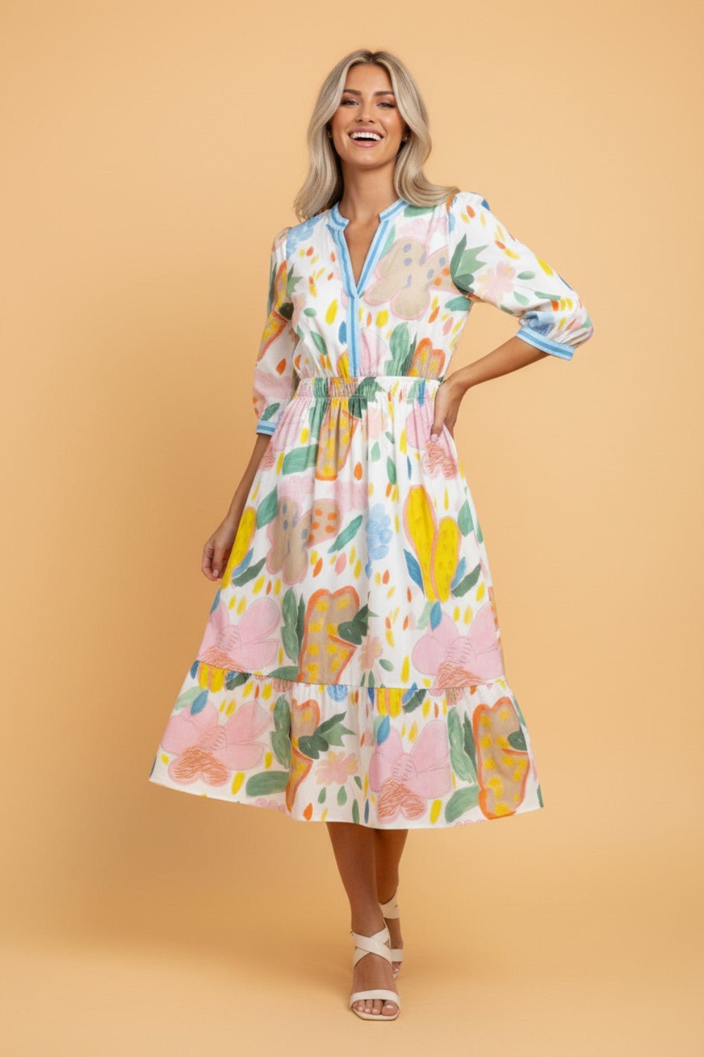 Floral Stripe Trim V-Neck Midi Dress - Rooted & Reckless Co.