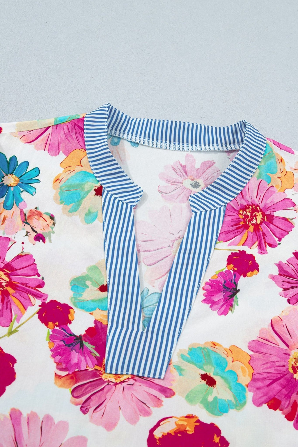 Floral Stripe Trim V-Neck Puff Sleeve Blouse - Rooted & Reckless Co.