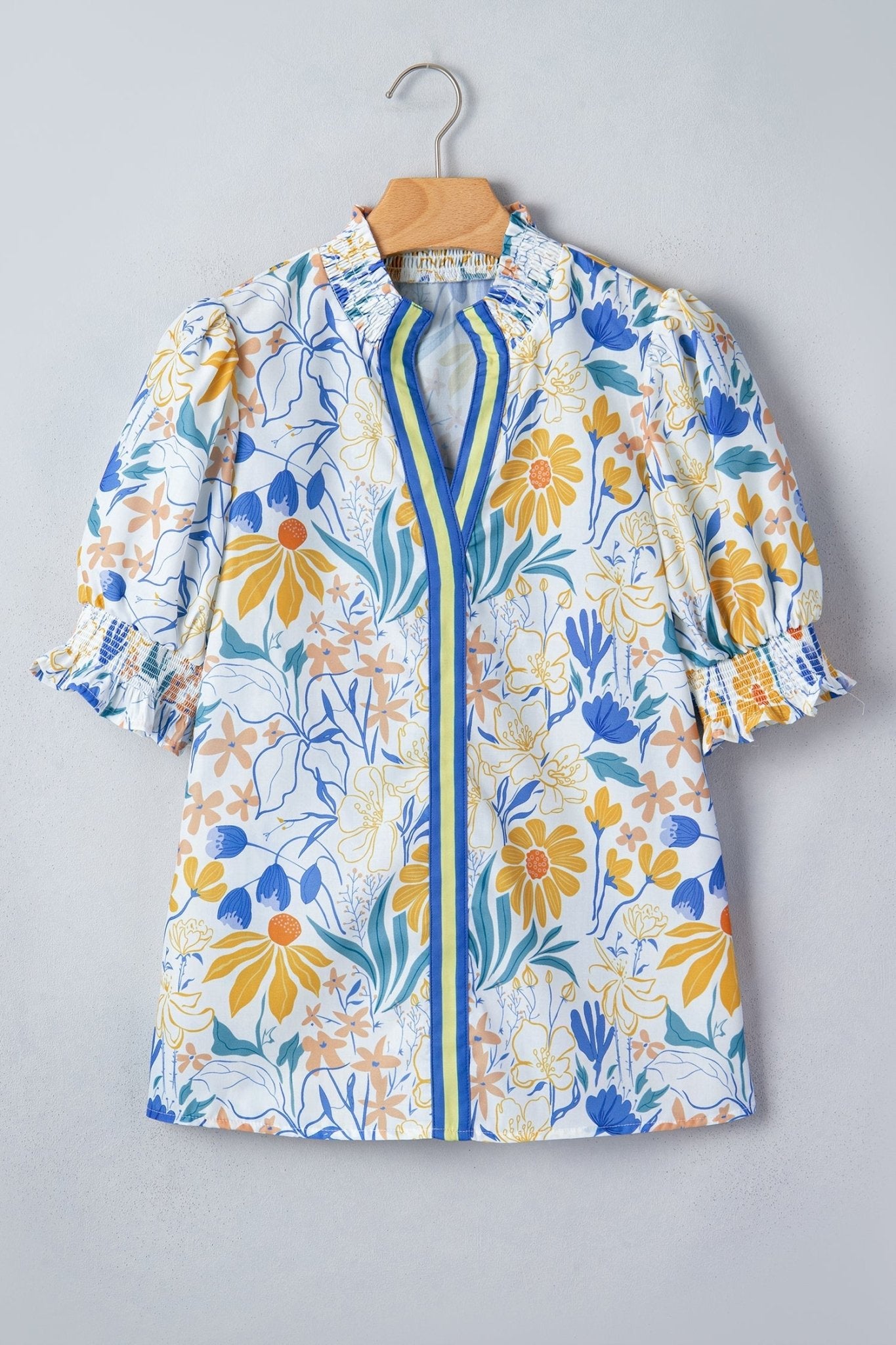 Floral Stripe Trim V-Neck Puff Sleeve Blouse - Rooted & Reckless Co.