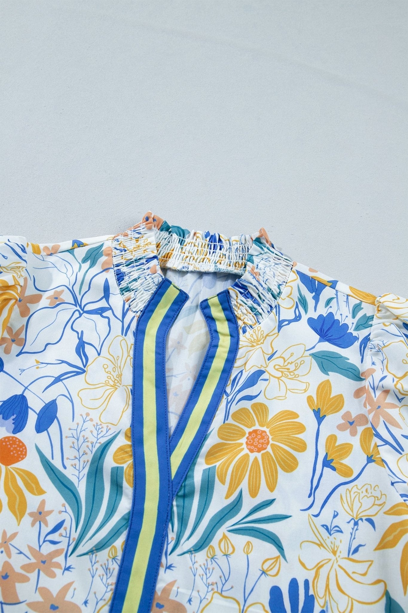 Floral Stripe Trim V-Neck Puff Sleeve Blouse - Rooted & Reckless Co.