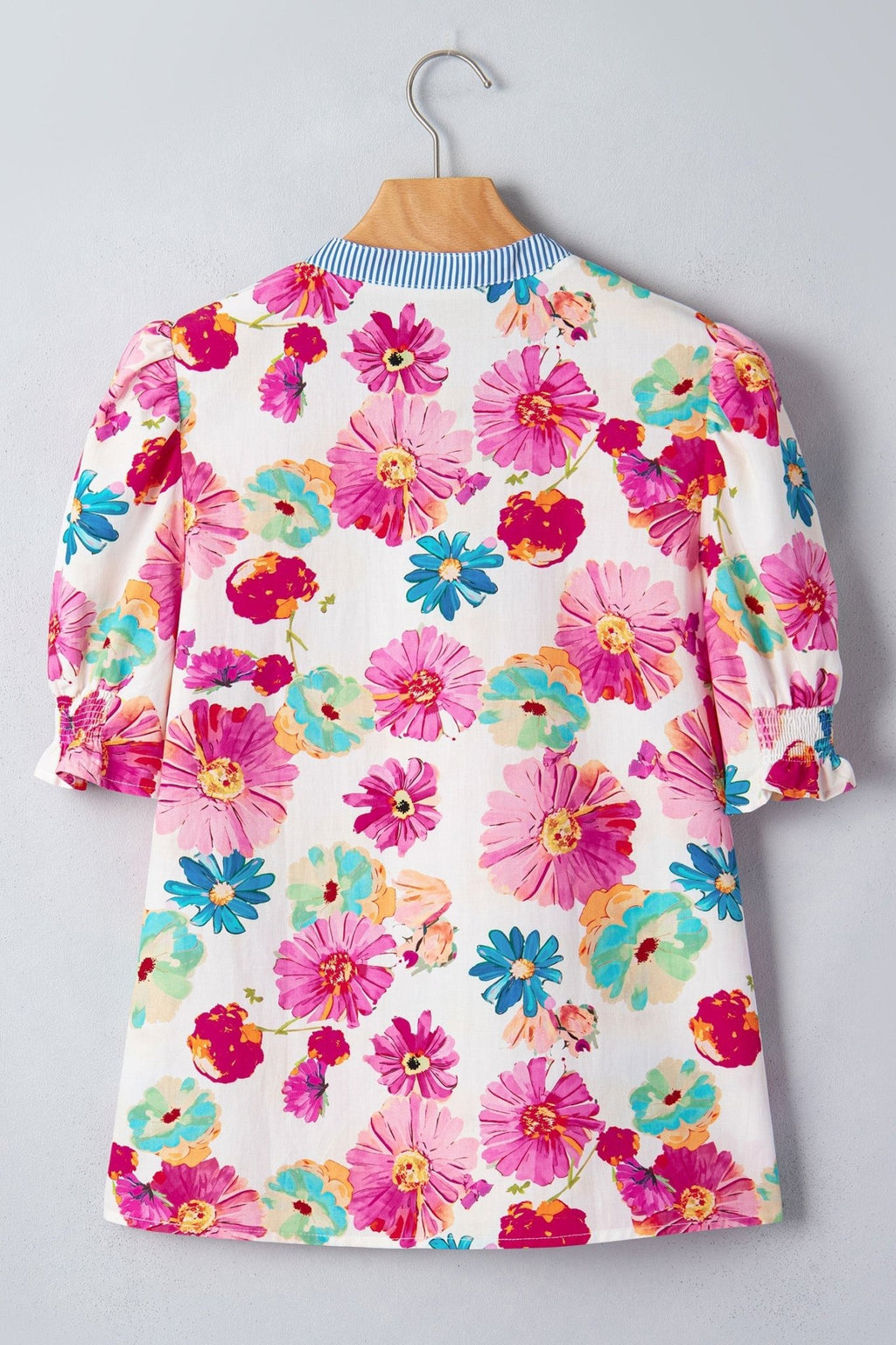 Floral Stripe Trim V-Neck Puff Sleeve Blouse - Rooted & Reckless Co.