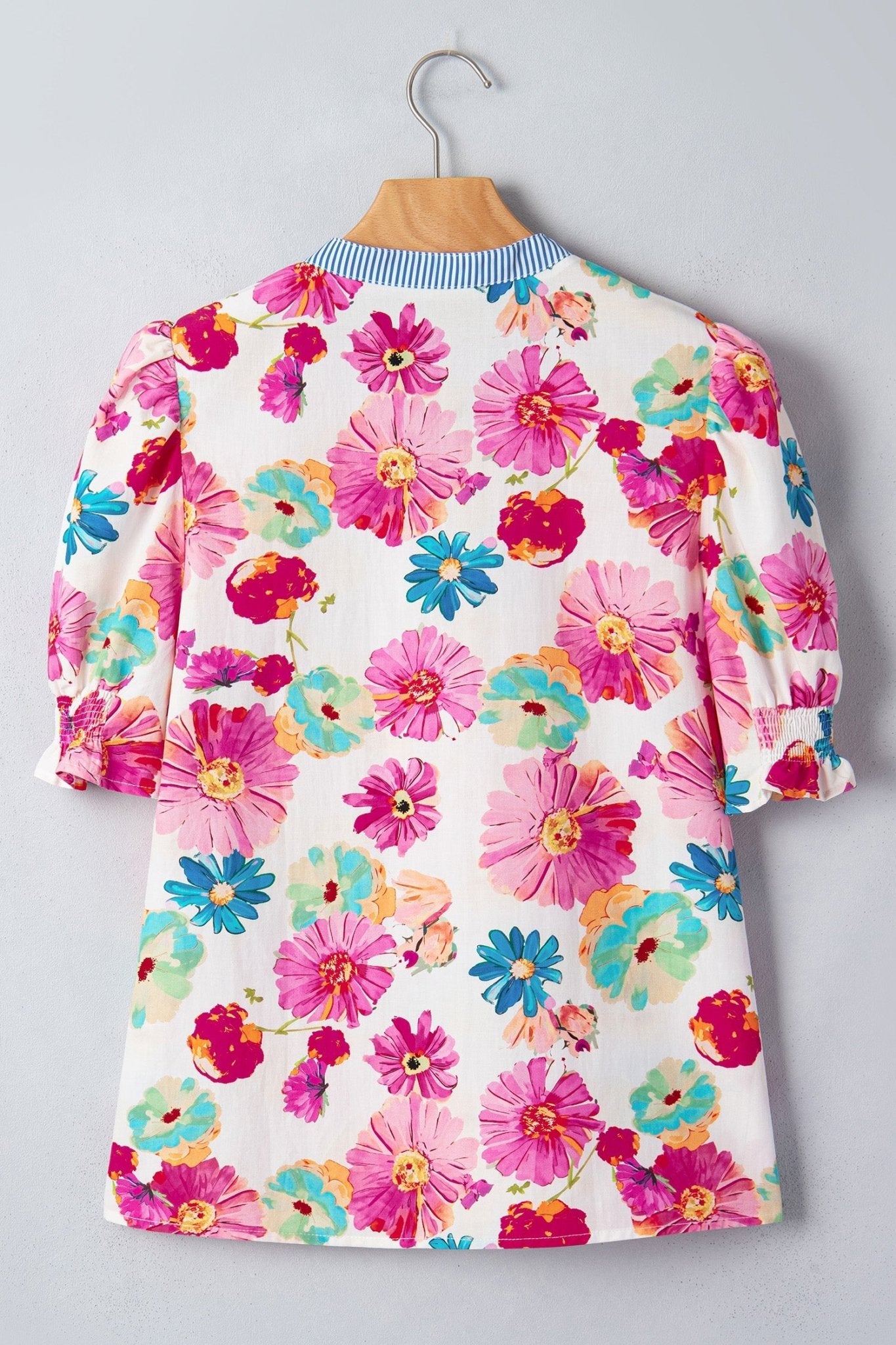 Floral Stripe Trim V-Neck Puff Sleeve Blouse - Rooted & Reckless Co.