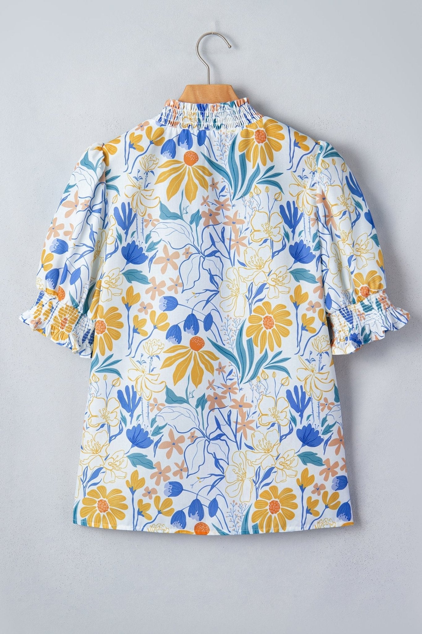 Floral Stripe Trim V-Neck Puff Sleeve Blouse - Rooted & Reckless Co.