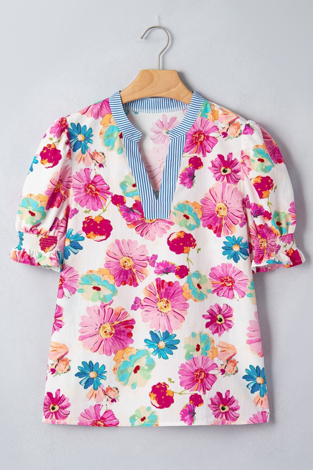 Floral Stripe Trim V-Neck Puff Sleeve Blouse - Rooted & Reckless Co.