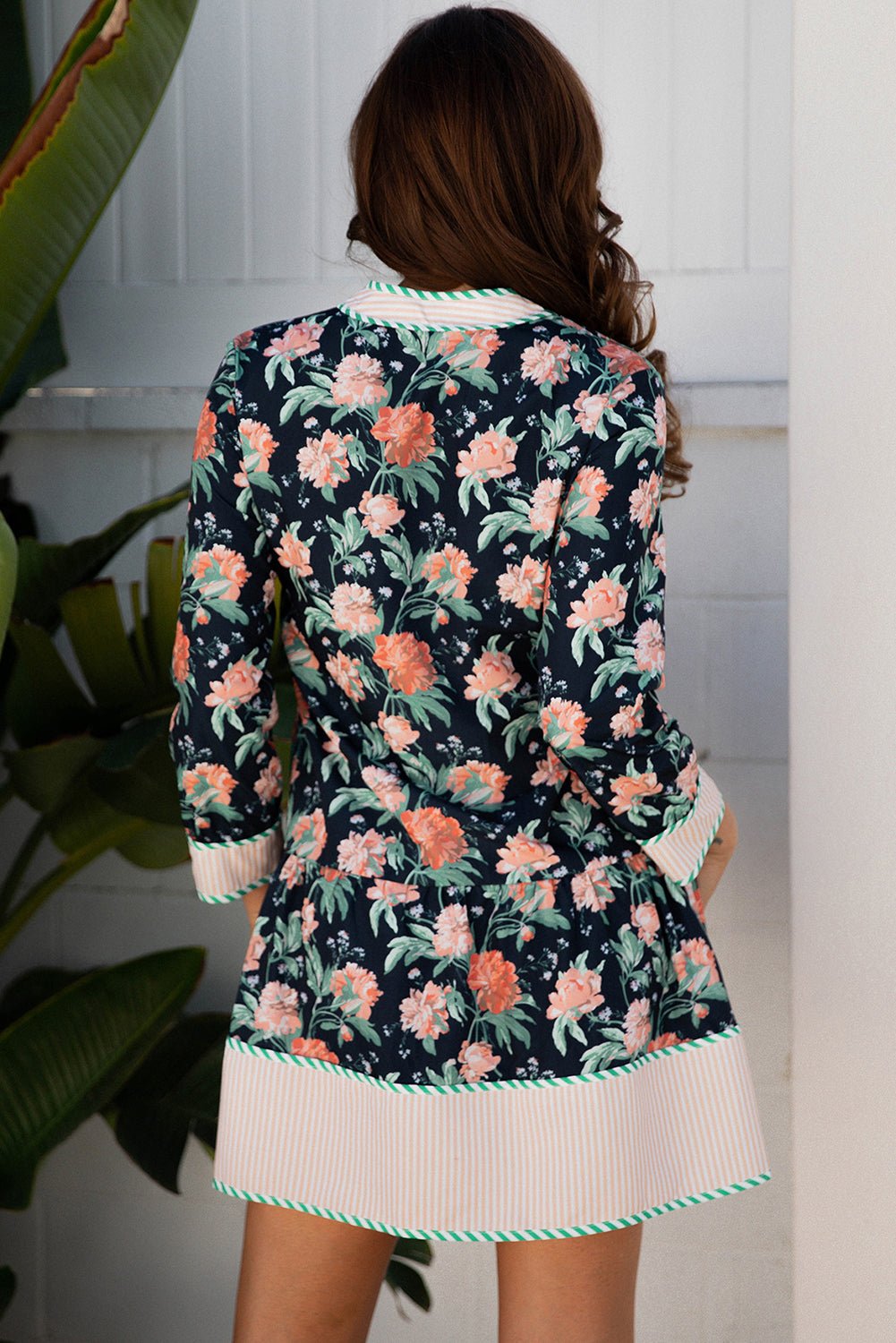 Floral Stripe Trim V-Neck Ruffle Hem Mini Dress - Rooted & Reckless Co.