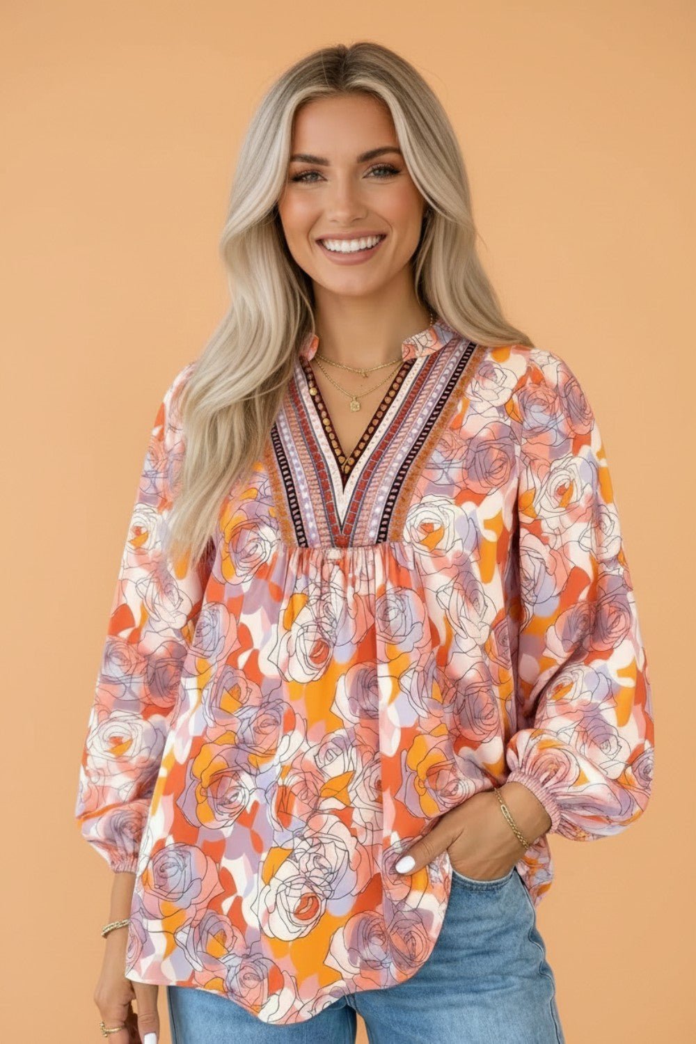 Floral Stripe V-Neck Long Sleeve Blouse - Rooted & Reckless Co.