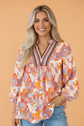 Floral Stripe V-Neck Long Sleeve Blouse - Rooted & Reckless Co.