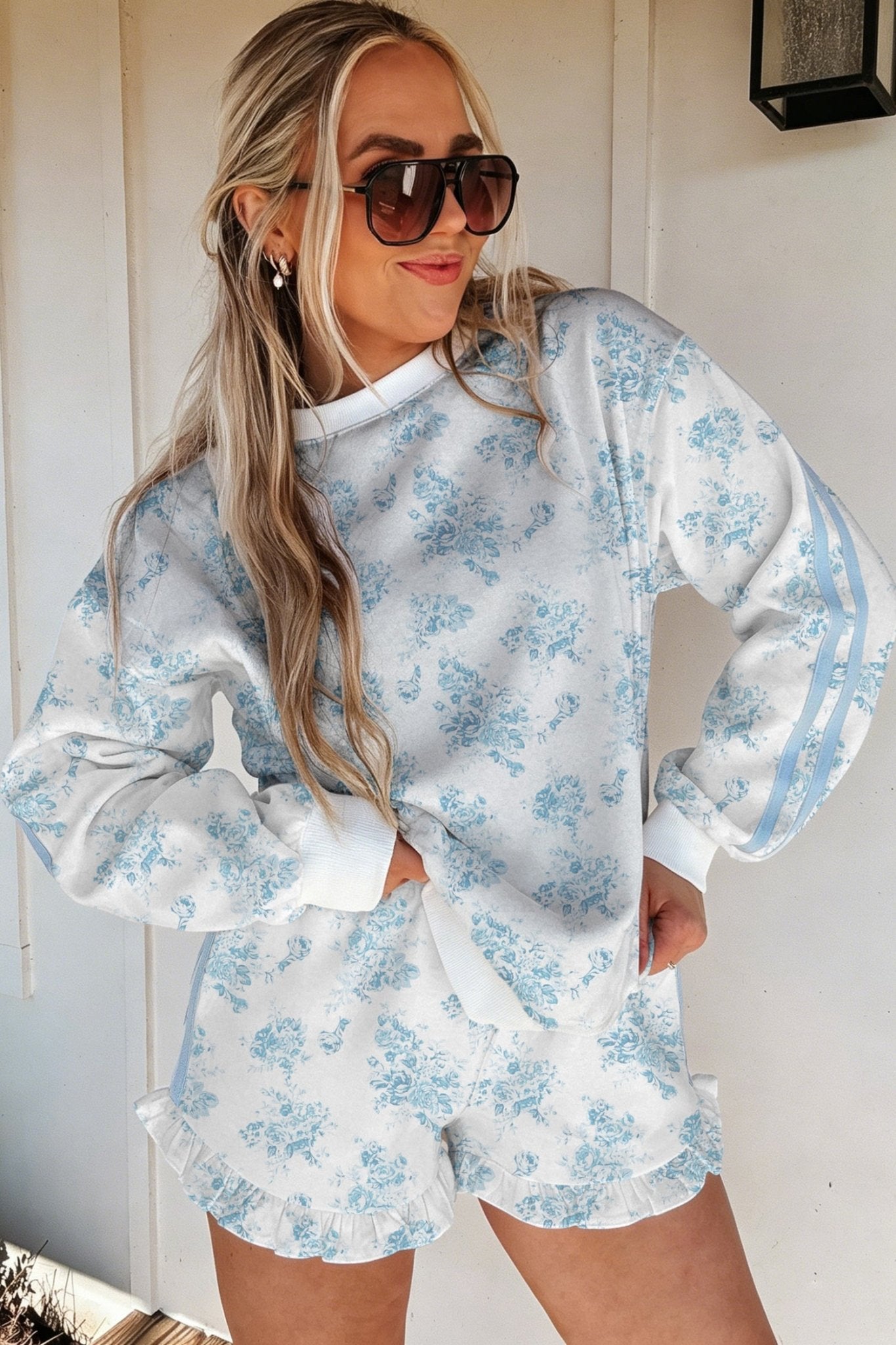 Floral Striped Side Detail Ruffle Hem Top & Shorts Set - Rooted & Reckless Co.