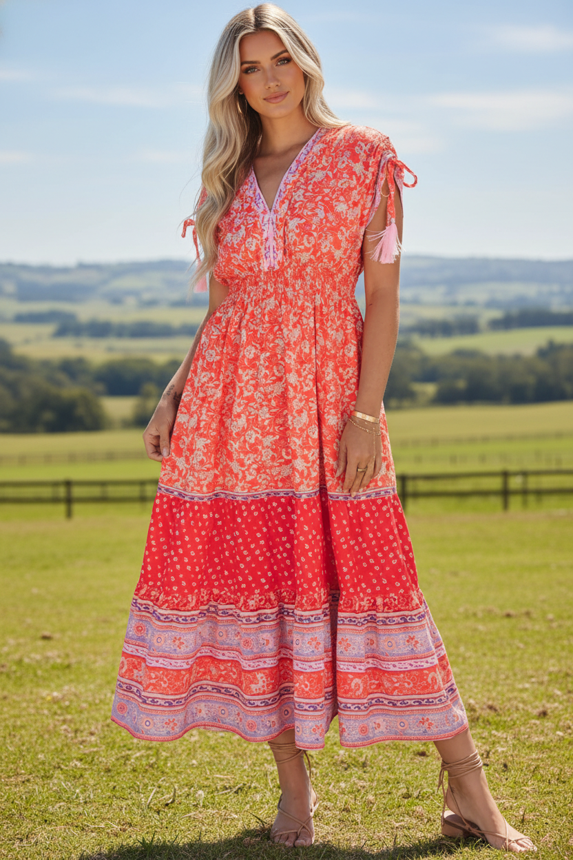 Floral Tassel Tie Sleeve Empire Waist Maxi Dress - Rooted & Reckless Co.