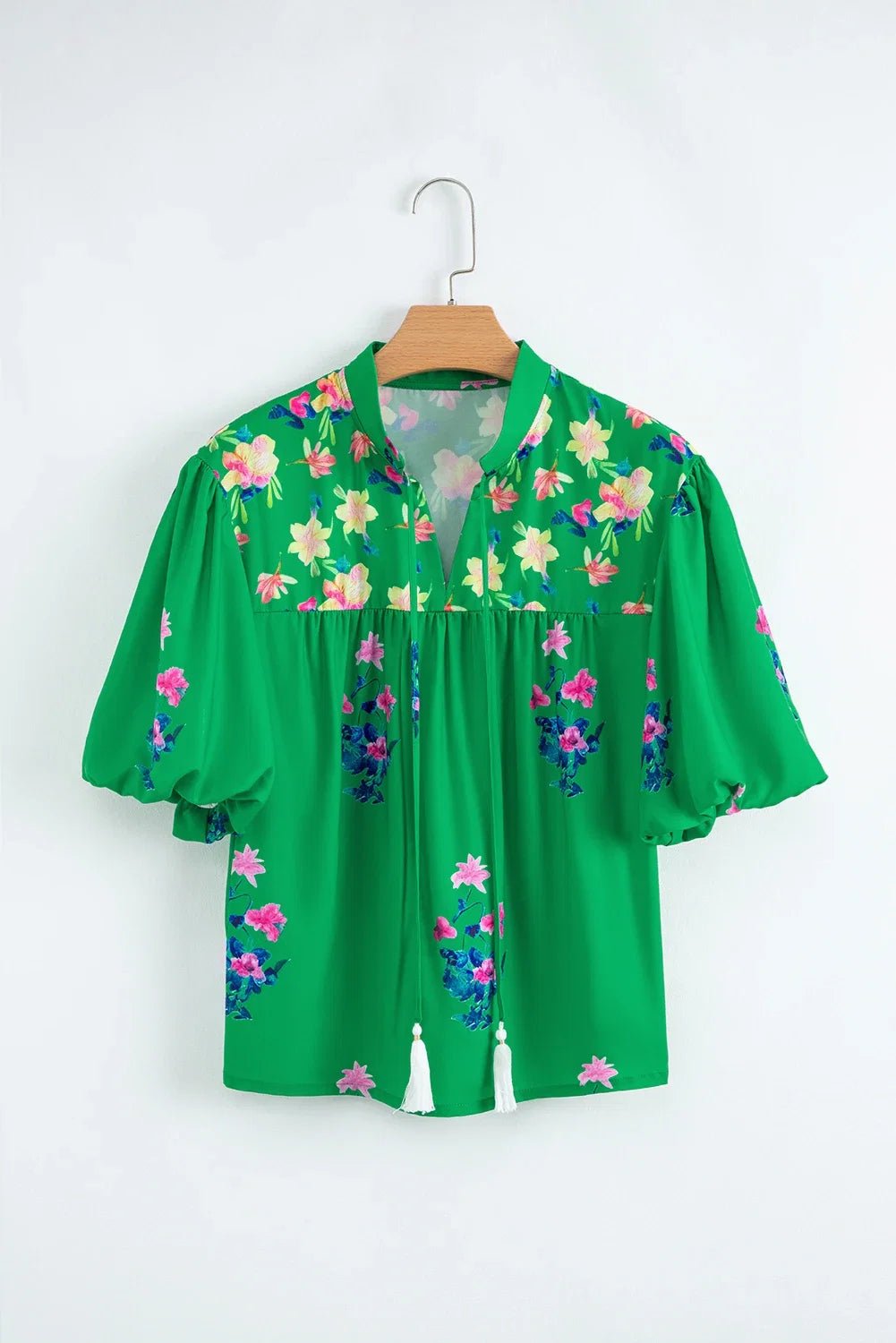 Floral Tassel Tie Split Neck Short Sleeve Blouse - Rooted & Reckless Co.