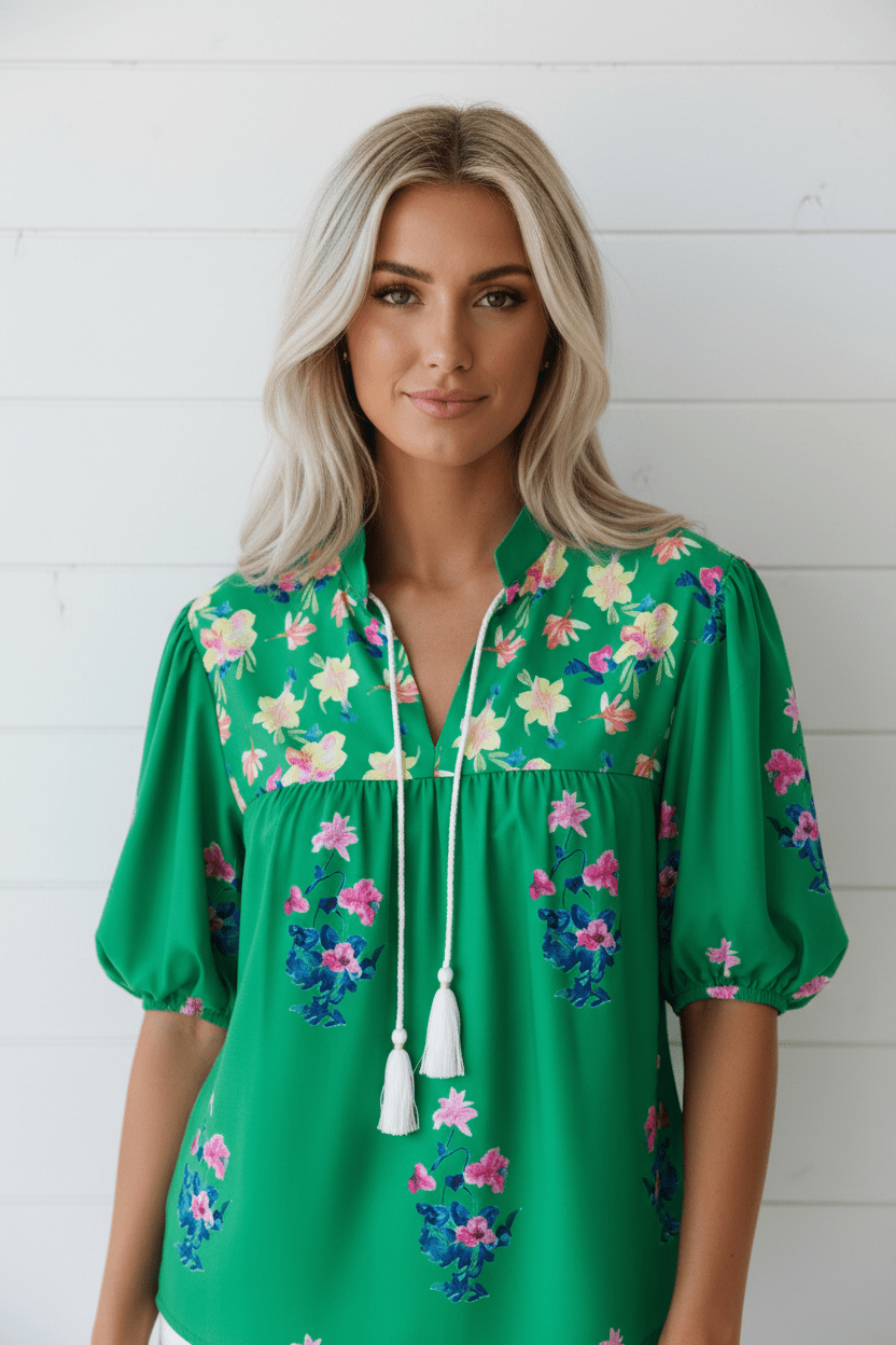Floral Tassel Tie Split Neck Short Sleeve Blouse - Rooted & Reckless Co.