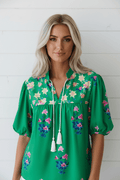 Floral Tassel Tie Split Neck Short Sleeve Blouse - Rooted & Reckless Co.