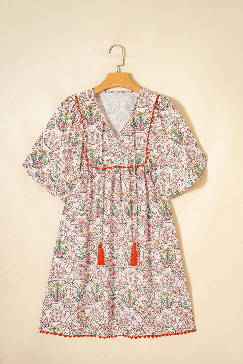 Floral Tassel Tie V-Neck Scalloped Trim Mini Dress - Rooted & Reckless Co.