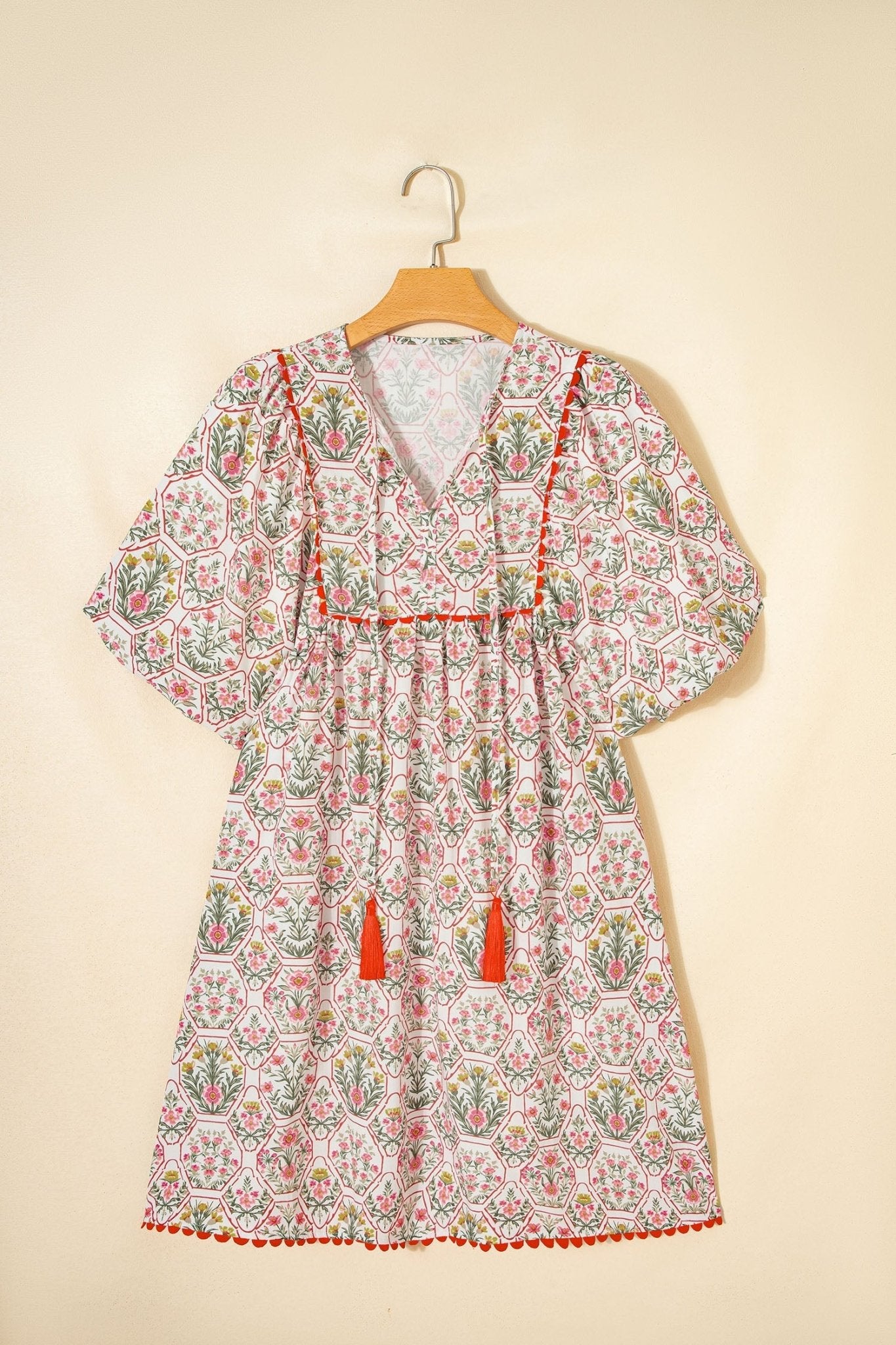 Floral Tassel Tie V-Neck Scalloped Trim Mini Dress - Rooted & Reckless Co.