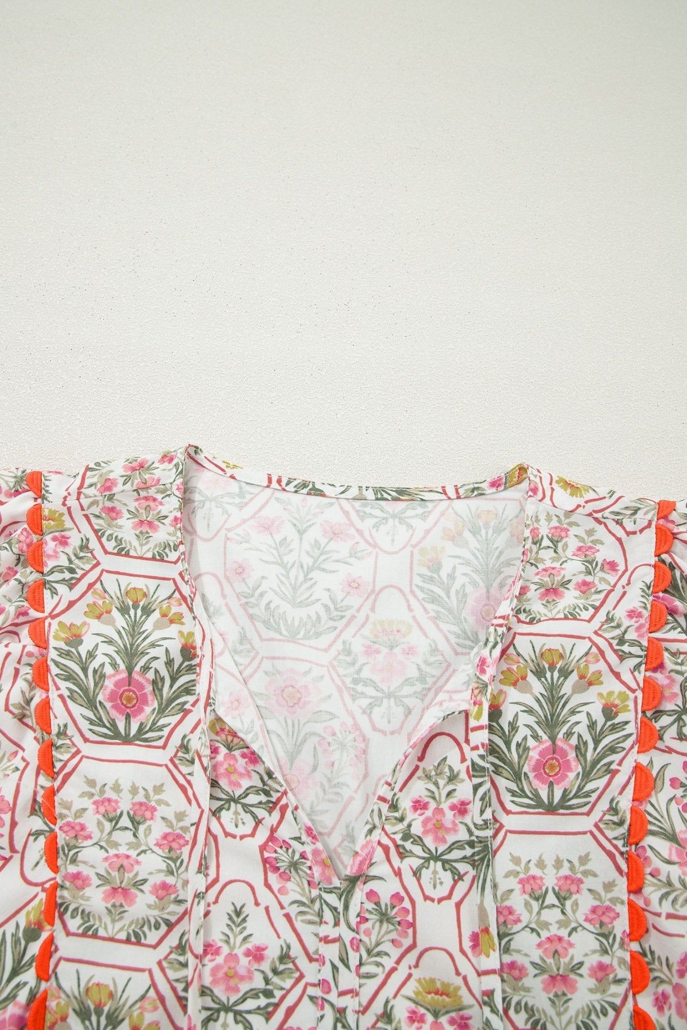 Floral Tassel Tie V-Neck Scalloped Trim Mini Dress - Rooted & Reckless Co.