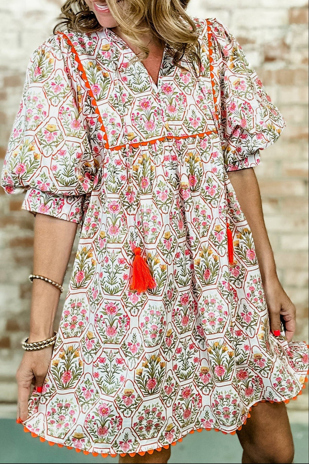 Floral Tassel Tie V-Neck Scalloped Trim Mini Dress - Rooted & Reckless Co.