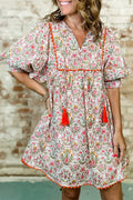 Floral Tassel Tie V-Neck Scalloped Trim Mini Dress - Rooted & Reckless Co.