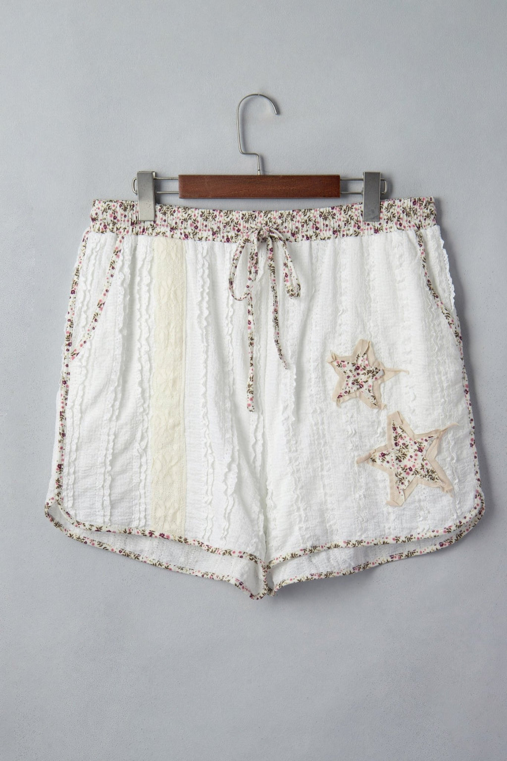 Floral Textured Lace Star Patch Drawstring Shorts - Rooted & Reckless Co.