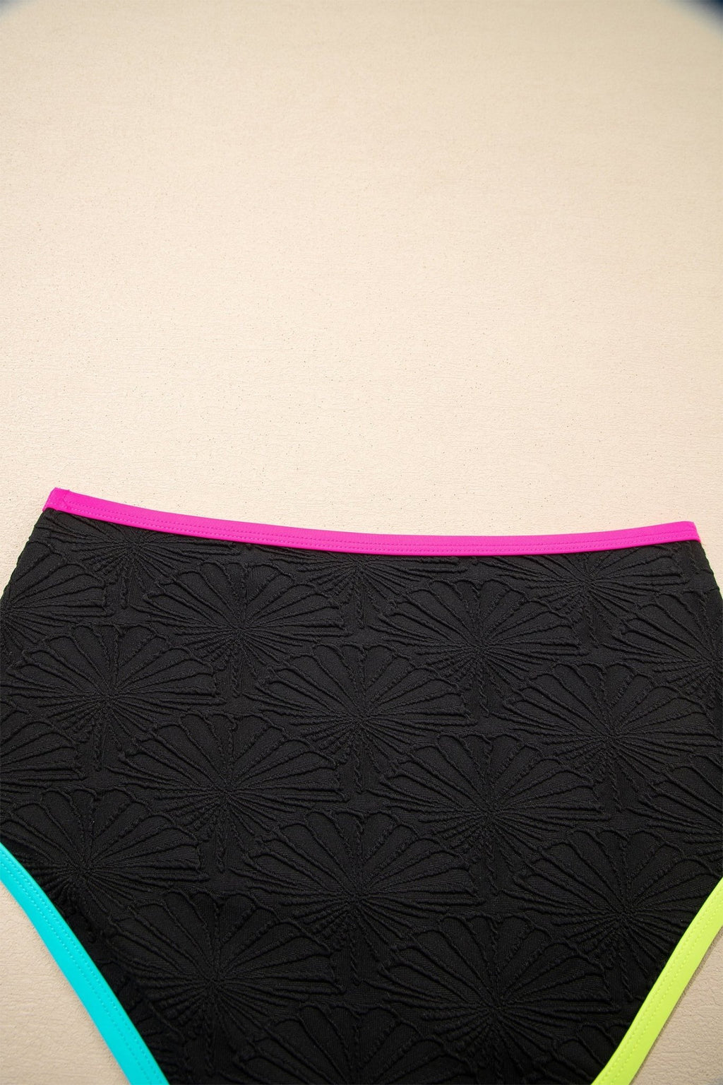 Floral Textured Neon Trim Crisscross Tankini Set - Rooted & Reckless Co.