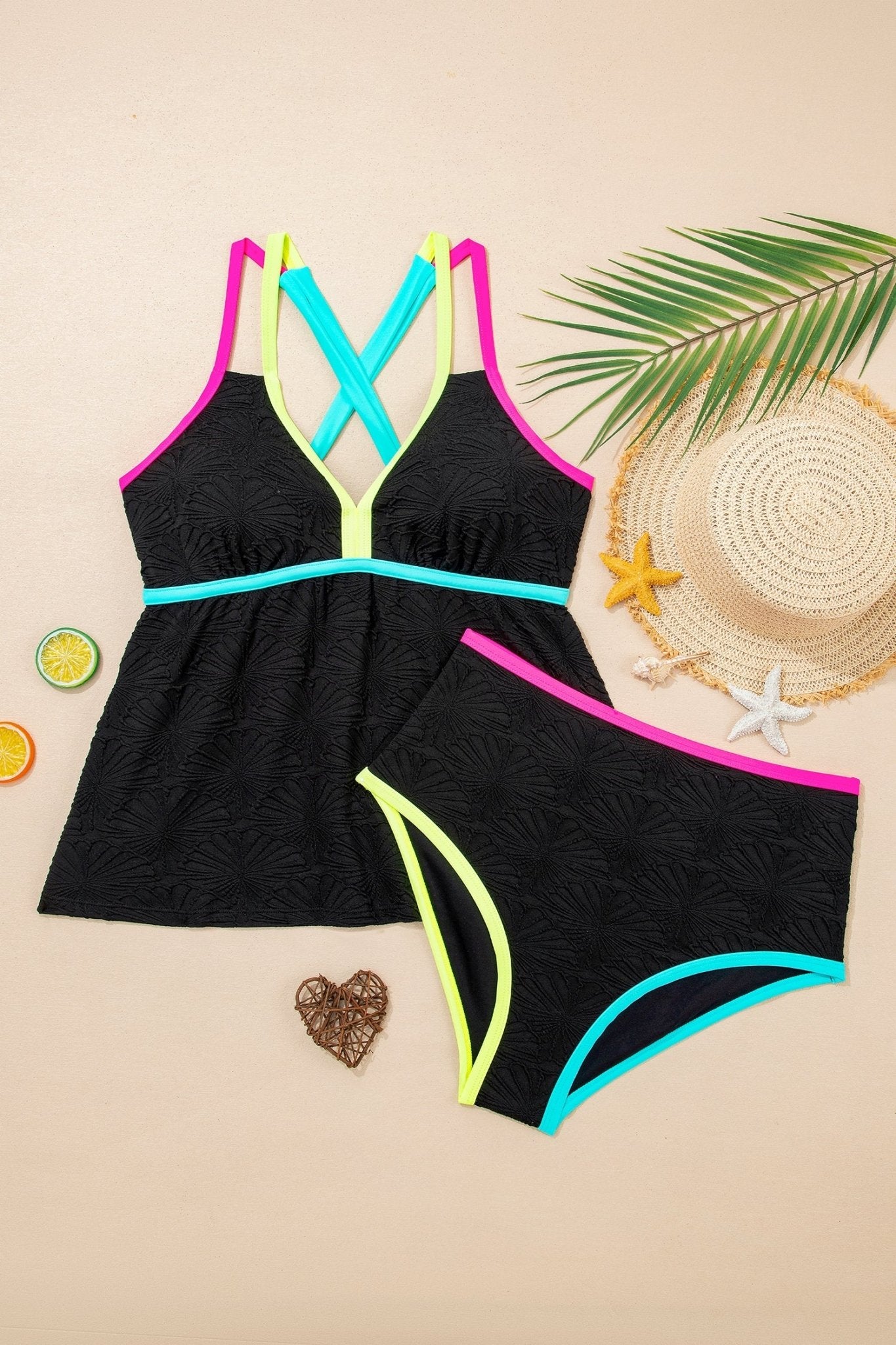 Floral Textured Neon Trim Crisscross Tankini Set - Rooted & Reckless Co.