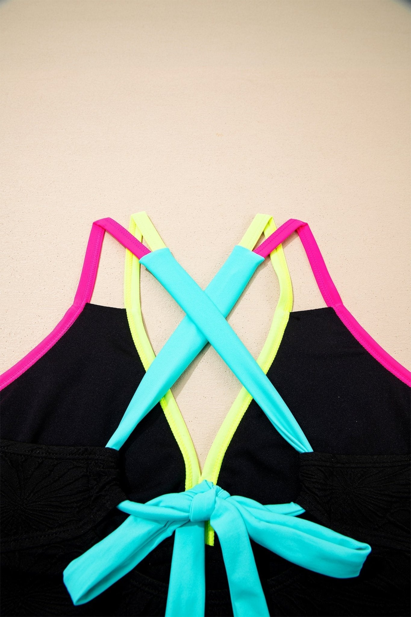 Floral Textured Neon Trim Crisscross Tankini Set - Rooted & Reckless Co.