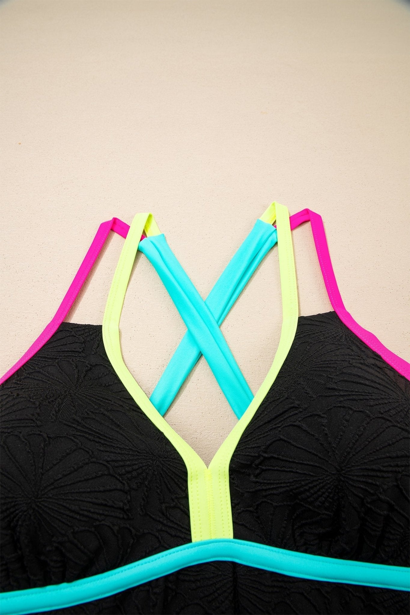 Floral Textured Neon Trim Crisscross Tankini Set - Rooted & Reckless Co.