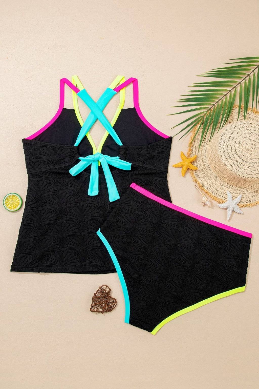 Floral Textured Neon Trim Crisscross Tankini Set - Rooted & Reckless Co.