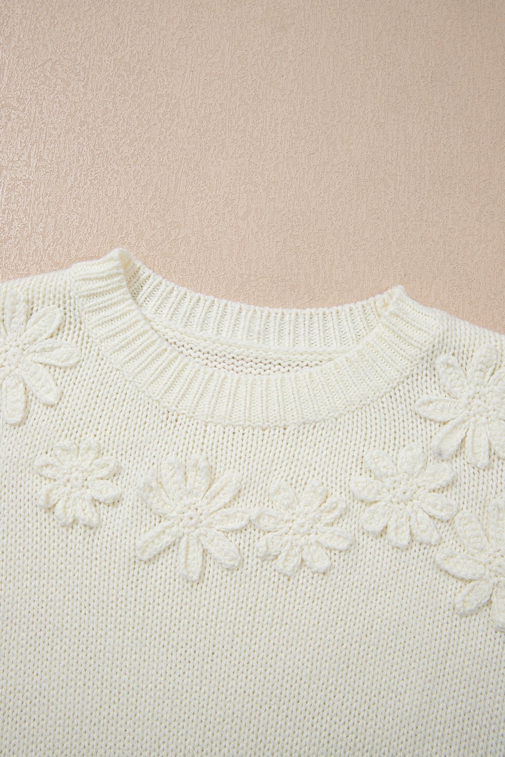 Floral Textured Puff Sleeve Round Neck Sweater - Rooted & Reckless Co.