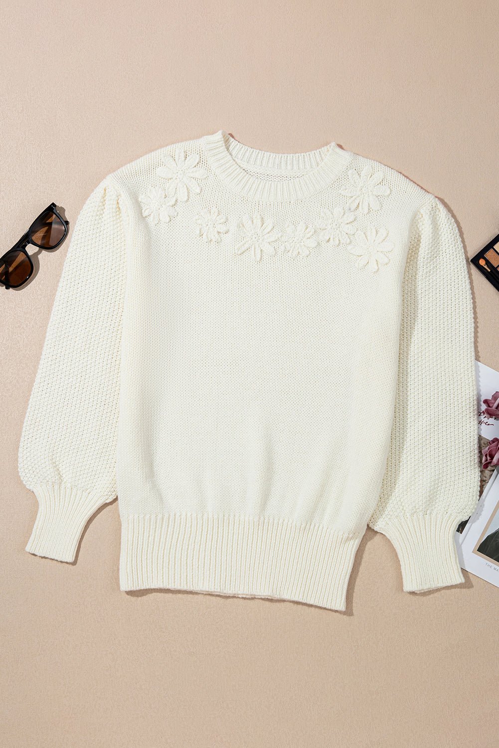Floral Textured Puff Sleeve Round Neck Sweater - Rooted & Reckless Co.