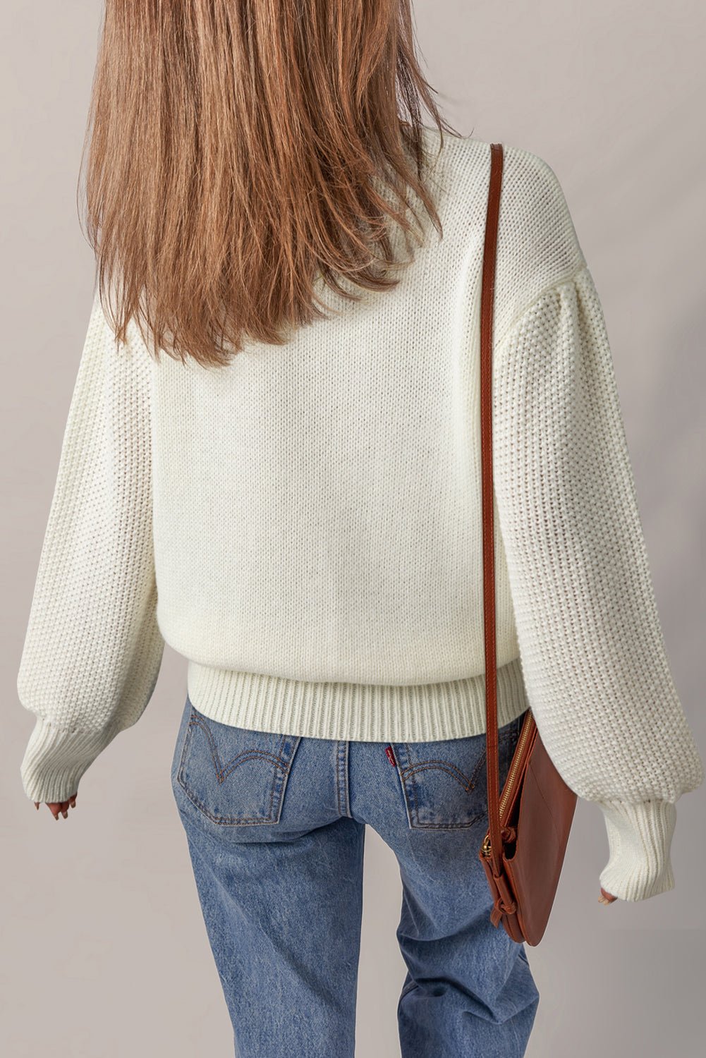 Floral Textured Puff Sleeve Round Neck Sweater - Rooted & Reckless Co.