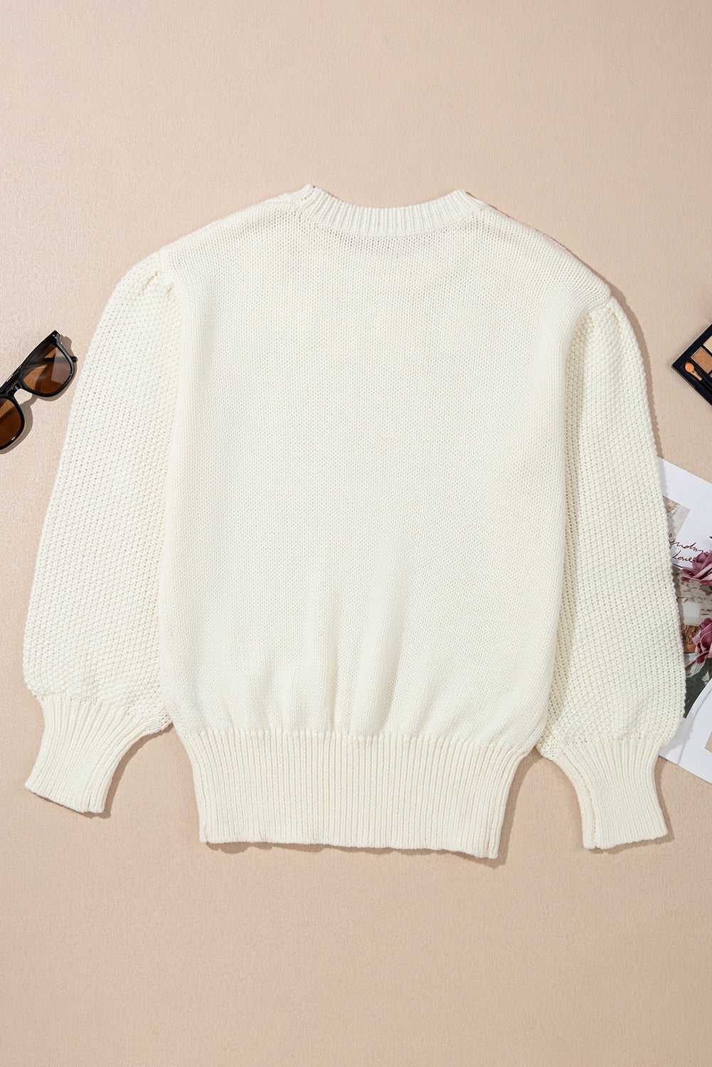 Floral Textured Puff Sleeve Round Neck Sweater - Rooted & Reckless Co.