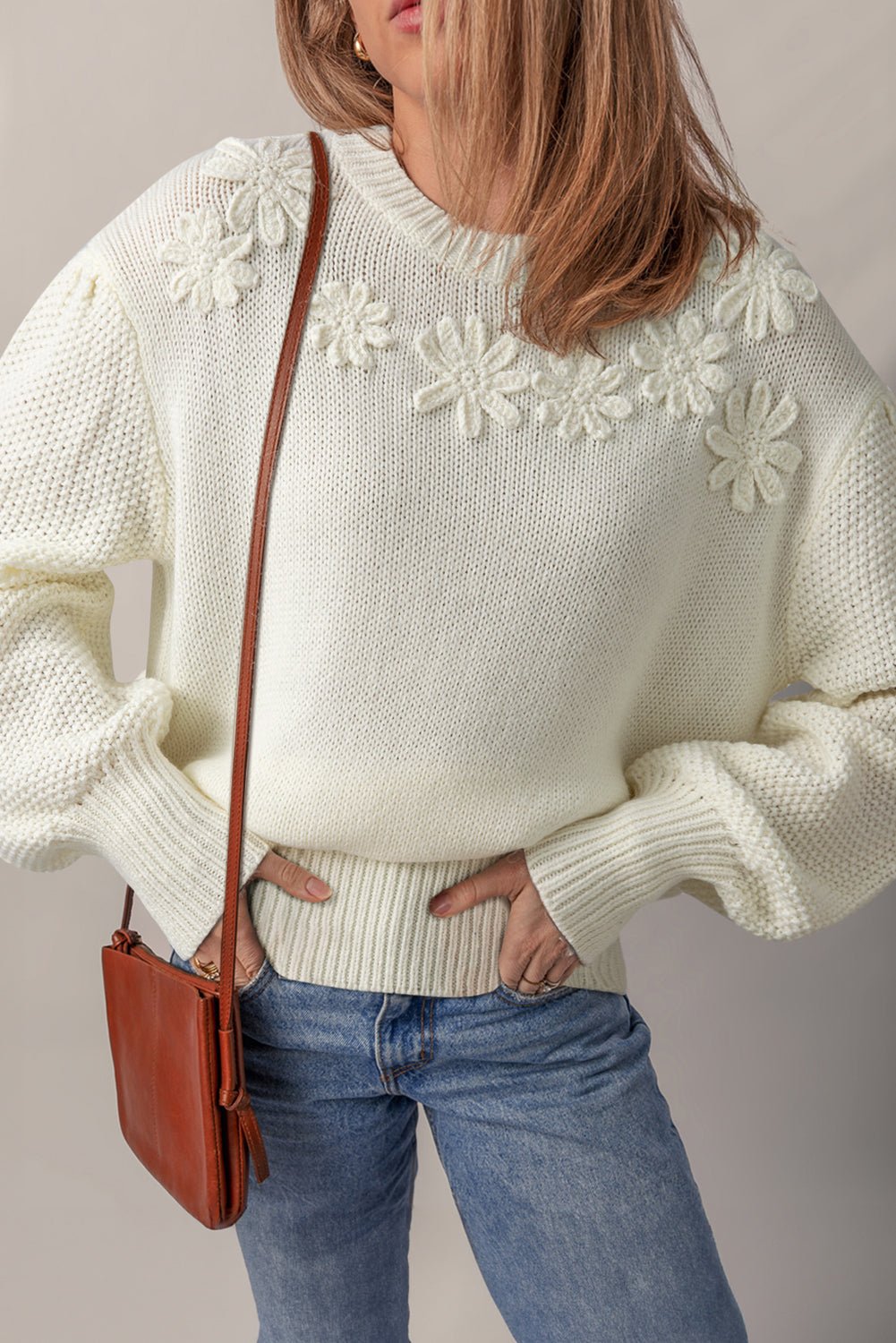 Floral Textured Puff Sleeve Round Neck Sweater - Rooted & Reckless Co.