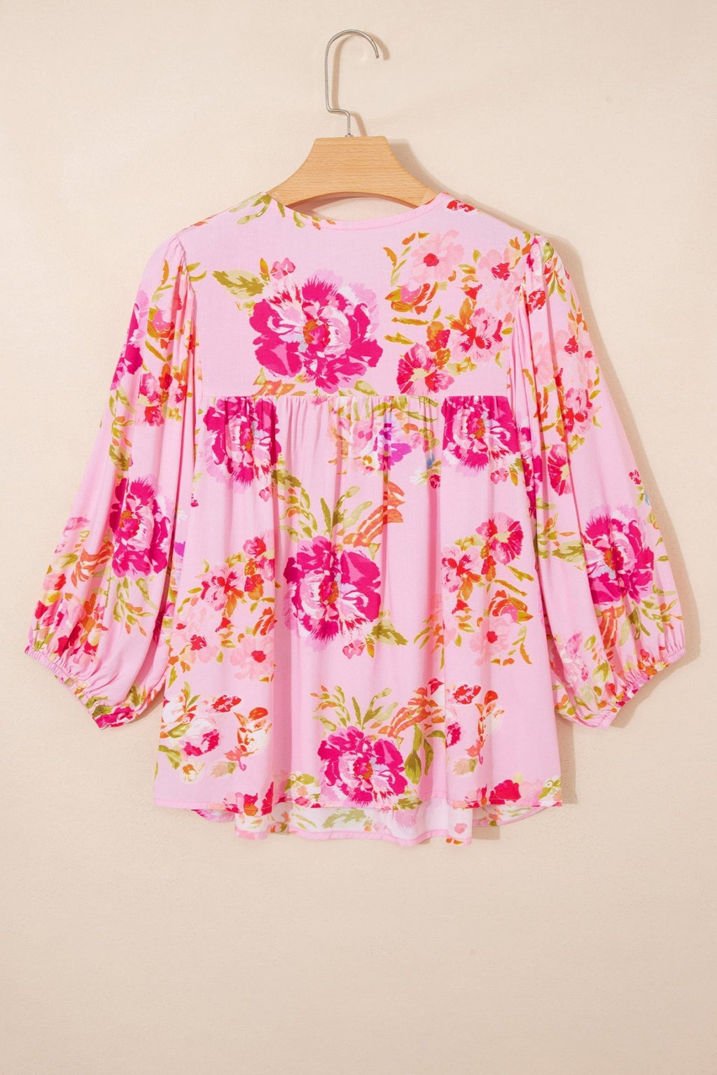 Floral Tie Neck 3/4 Puff Sleeve Blouse - Rooted & Reckless Co.