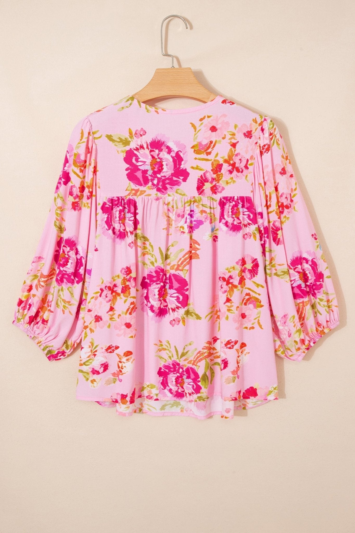 Floral Tie Neck 3/4 Puff Sleeve Blouse - Rooted & Reckless Co.