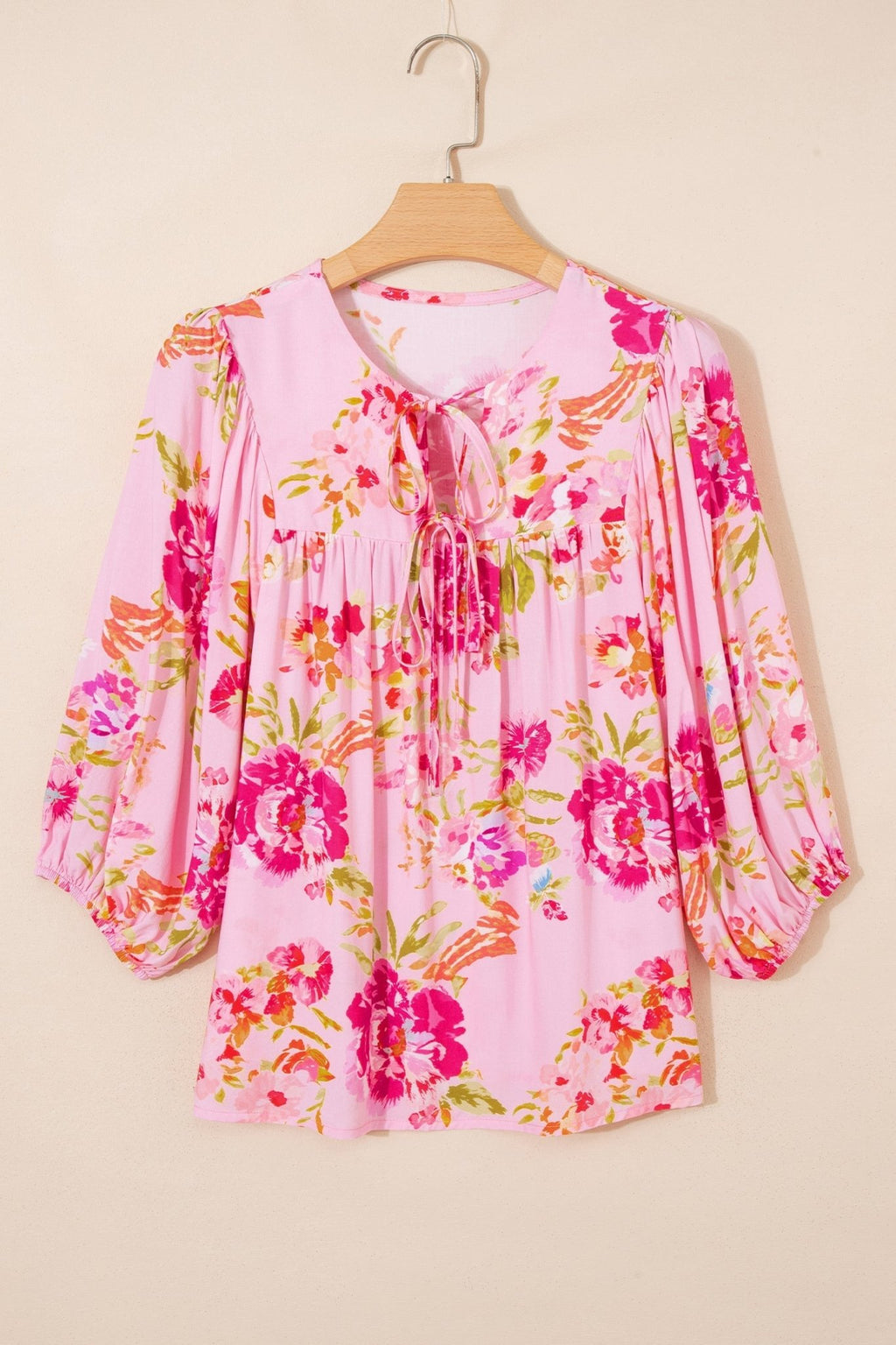 Floral Tie Neck 3/4 Puff Sleeve Blouse - Rooted & Reckless Co.