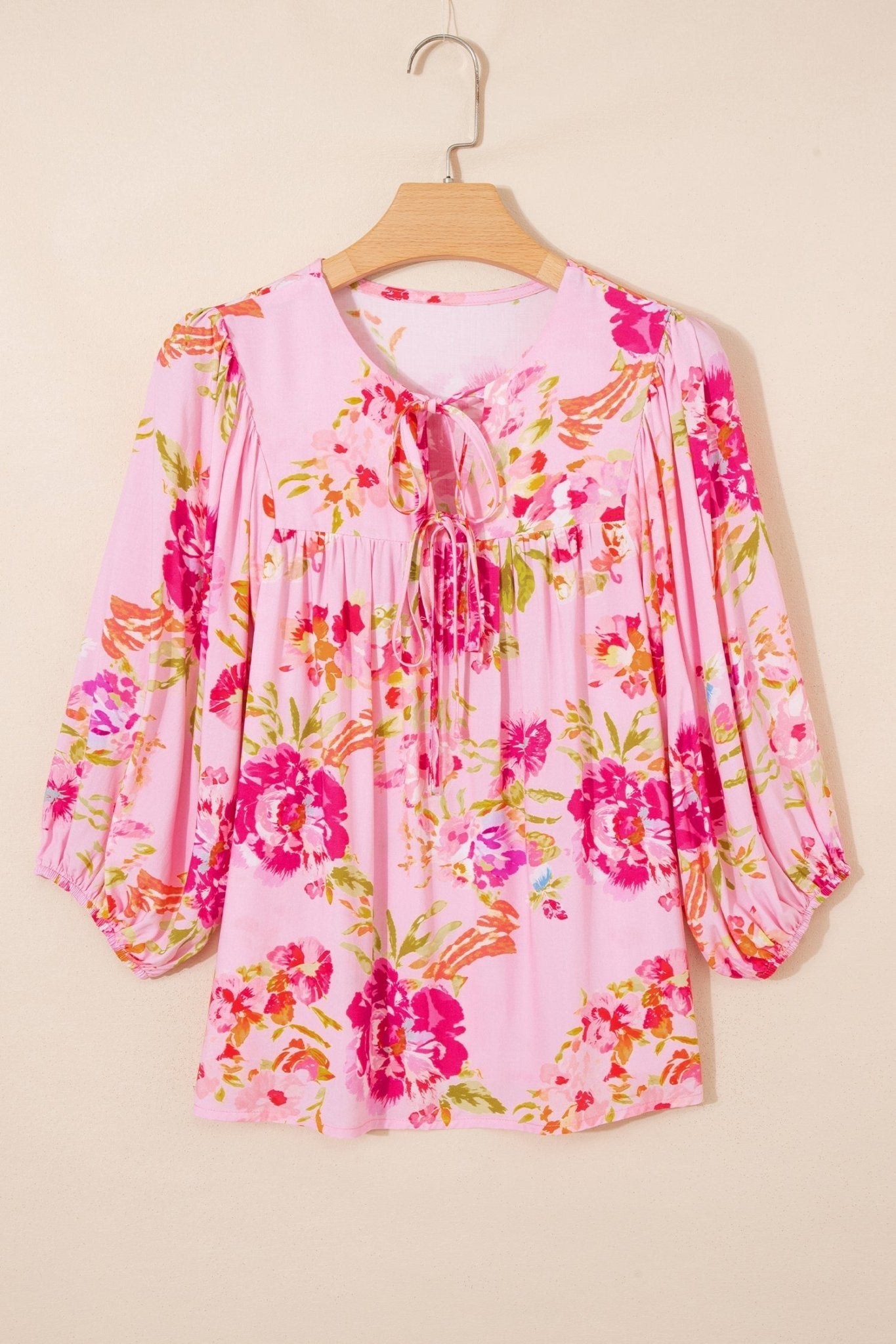 Floral Tie Neck 3/4 Puff Sleeve Blouse - Rooted & Reckless Co.