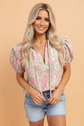 Floral Tie Neck Puff Sleeve Blouse - Rooted & Reckless Co.